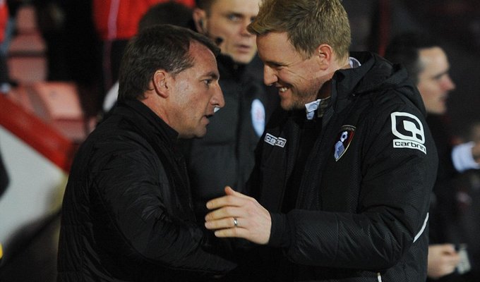 rnemouth boss Eddie Howe (right) greets Liverpool manager Brendan Rodgers ahead of kick-off on.jpg