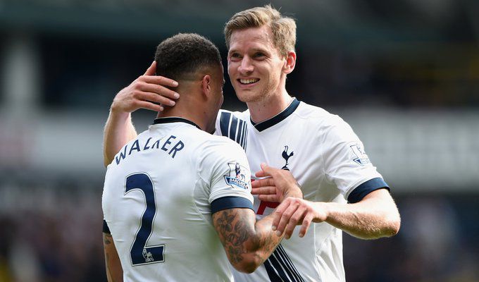 Kyle Walker and Jan Vertonghen (R) of Tottenham Hotspur celebrate their victory at the end of their English Premier League ma.jpg