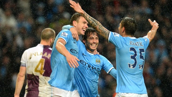 منچستر سیتی|شادمانی سیلوا و جوتیک و ژکو بعد از باز کردن دروازه استون ویلا.