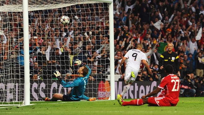 بنزما|کریم بنزما پل پیروزی بخش رئال در بازی رفت از مرحله ی نیمه نهایی را برابر بایرن به ثمر می رساند.