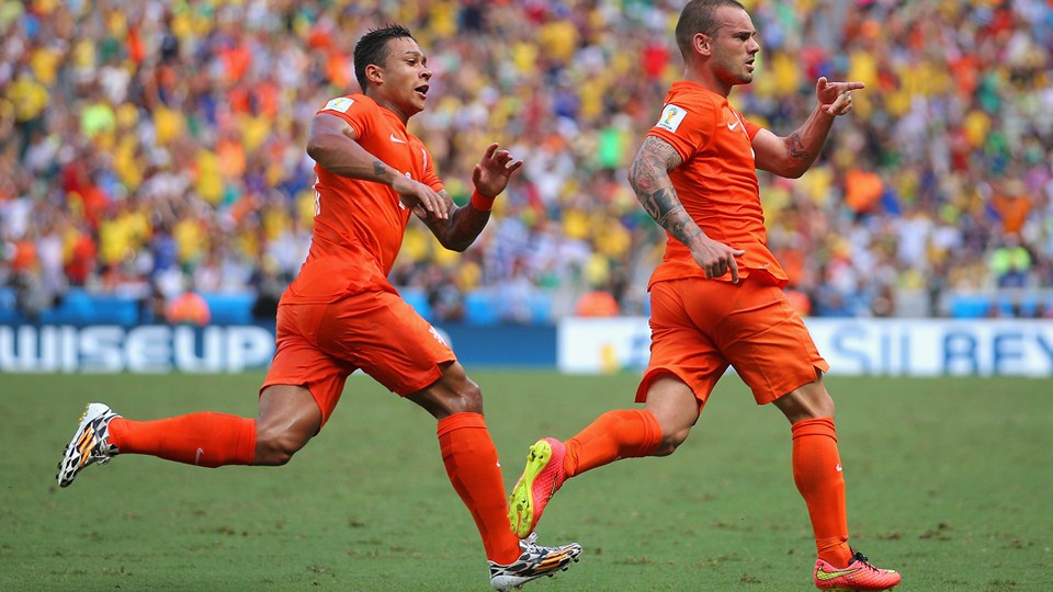 وسلی اشنایدر|خوشحالی وسلی اشنایدر ، هافبک هلند بعد از گلزنی مقابل مکزیک.