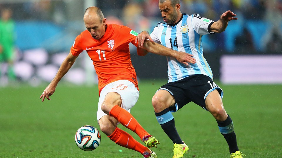 آرین روبن - خاویر ماسکرانو|تقابل آرین روبن  از هلند در مقابل خاویر ماسکرانو ، بازیکن آرژانتین.