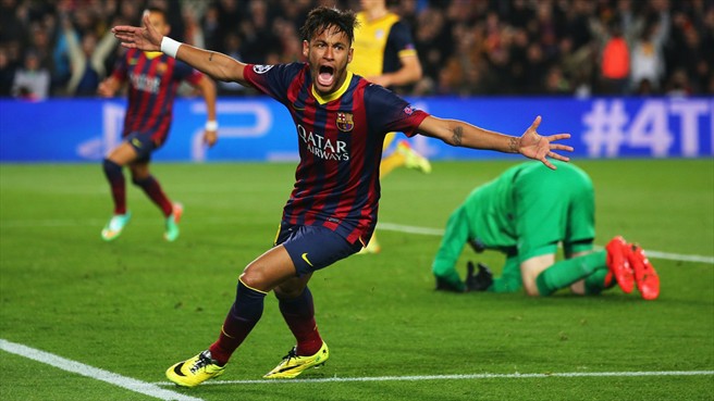 نیمار|نیمار پس از گلزنی برای بارسا در بازی رفت از مرحله ی یک چهارم نهایی برابر اتلتیکو شادمانی می کند.