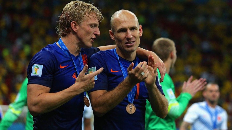 آرین روبن - دیرک کویت|خوشحالی بازیکنان هلند پس از رسیدن به مقام سومی در جام جهانی.