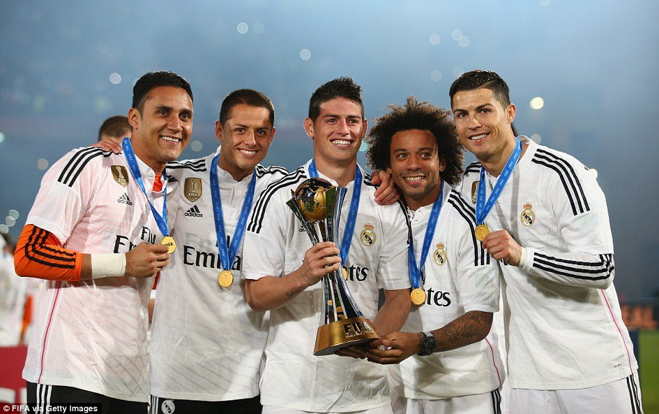 Real Madrid players (left to right) Keylor Navas, Javier Hernandez, James Rodriguez, Marcelo and Ronaldo celebrate.jpg