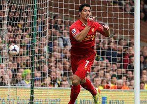 لوییز سوارز|خوشحالی لوییز سوارز بعد از گلزنی مقابل نوریچ