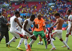 کاستاریکا|جشن بازیکنان کاستاریک ا، بعد از پیروزی مقابل تیم مدهی ایتالیا و صعود به مرحله بعد.