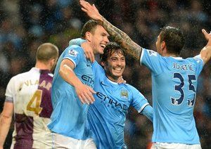 منچستر سیتی|شادمانی سیلوا و جوتیک و ژکو بعد از باز کردن دروازه استون ویلا.