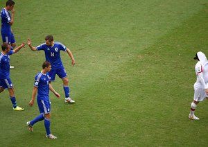 بوسنی|شادمانی بازیکنان بوسنی بعد از زدن گل دوم در مقابل ایران.