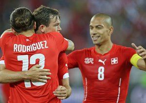 استفان لیختشتاینر|شادمانی بازیکنان سوئیس بعد از باز کردن دروازه پرو.