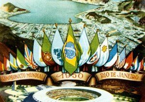 جام جهانی 1950|کارت پوستال یادبود جام جهانی 1950 برزیل، ورزشگاه ماراکانا و نمایی از شهر ریو دوژانیرو را به تصویر می کشد.