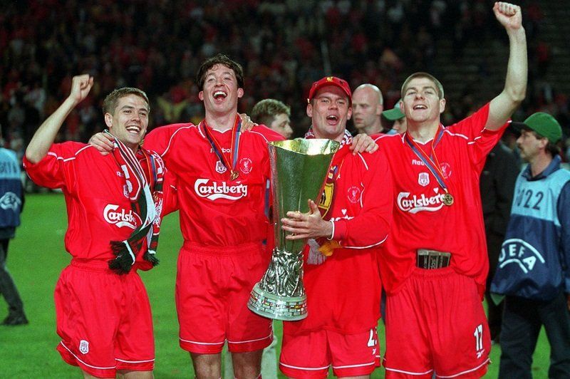 Steven Gerrard - Jamie Carragher - Robbie Fowler - Michael Owen (Liverpool - 2001 UEFA Cup Champions).jpg