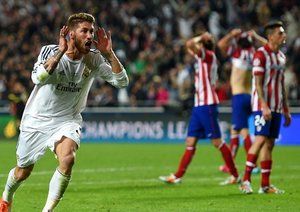 سرخیو راموس|سرخیو راموس پس از به ثمر رساندن گل تساوی بخش تیمش در فینال برابر اتلتیکو مادرید.